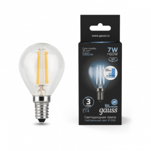 Лампа Gauss Filament Шар 7W 580lm 4100К Е14 шаг. диммирование LED 1/10/50